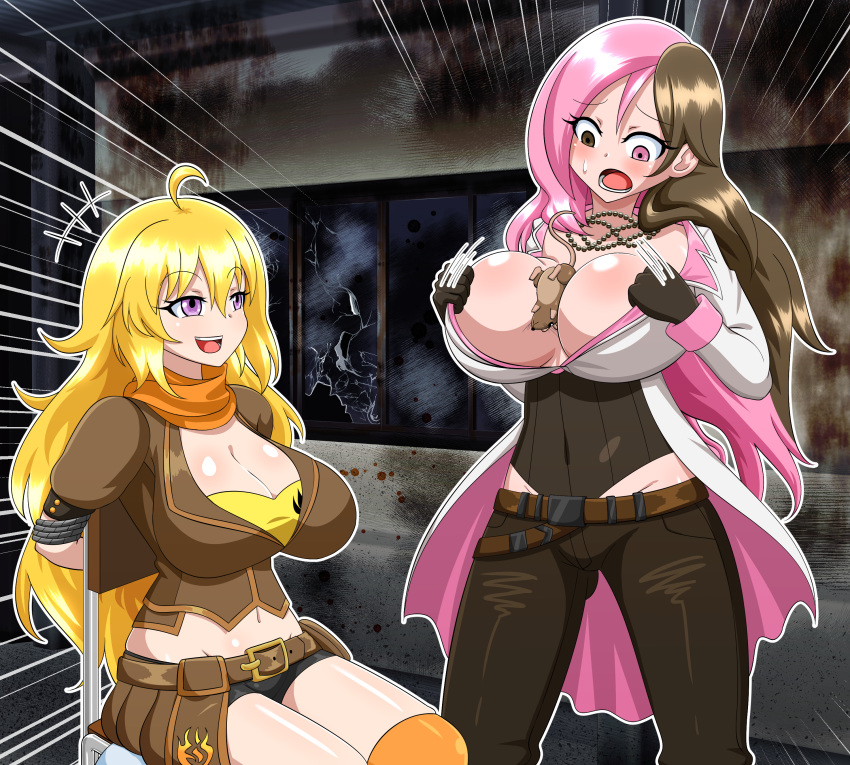 2girls big_breasts blonde_hair female_only heterochromia long_hair multicolored_eyes multicolored_hair multiple_girls neo_(rwby) rooster_teeth rwby two_tone_eyes two_tone_hair yang_xiao_long yensh