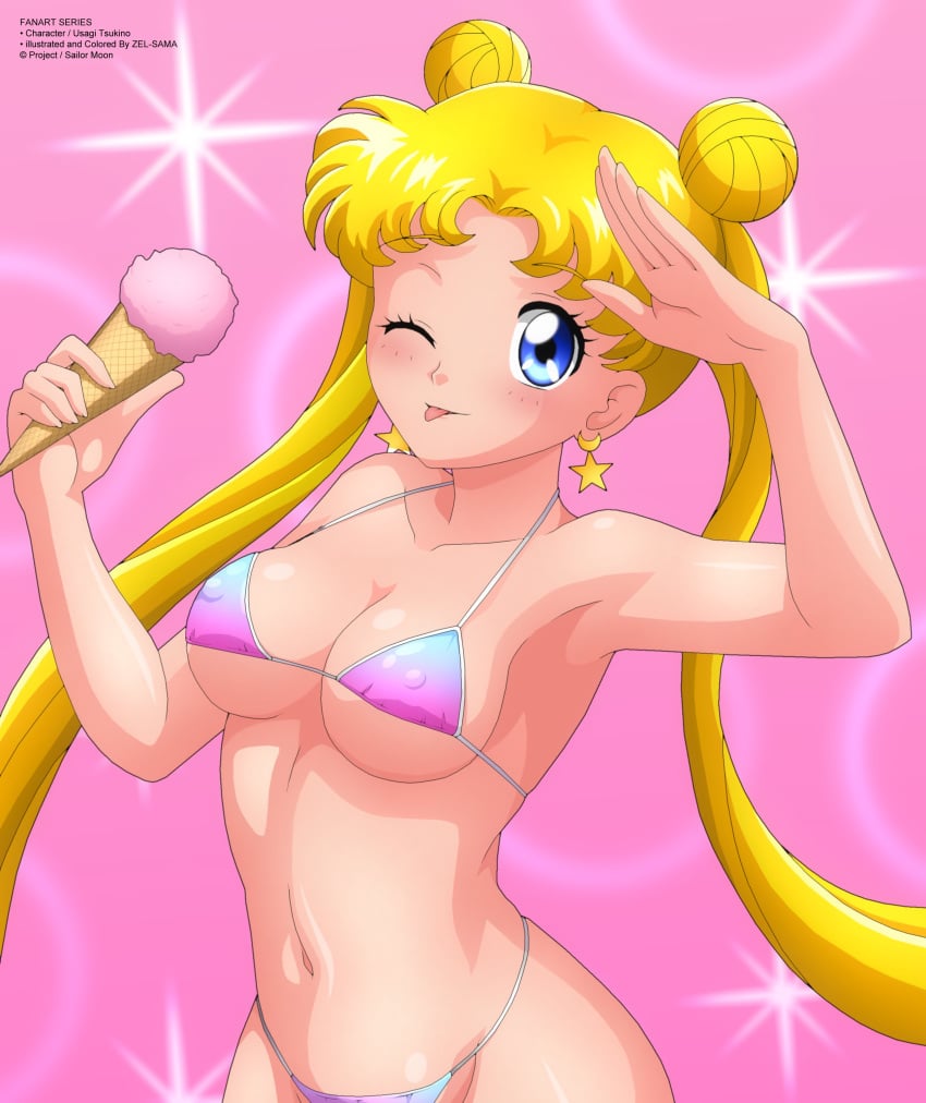 1girls :p athletic barely_clothed bikini bishoujo_senshi_sailor_moon blonde_hair cleavage cute earrings erect_nipples_under_clothes female female_only hair_buns ice_cream looking_at_viewer odango perky_breasts pink_background pinup salute sideboob small_breasts solo standing star_earrings stars string_bikini swimsuit tagme teenager tongue_sticking_out twintails underboob usagi_tsukino very_long_hair wink zel-sama