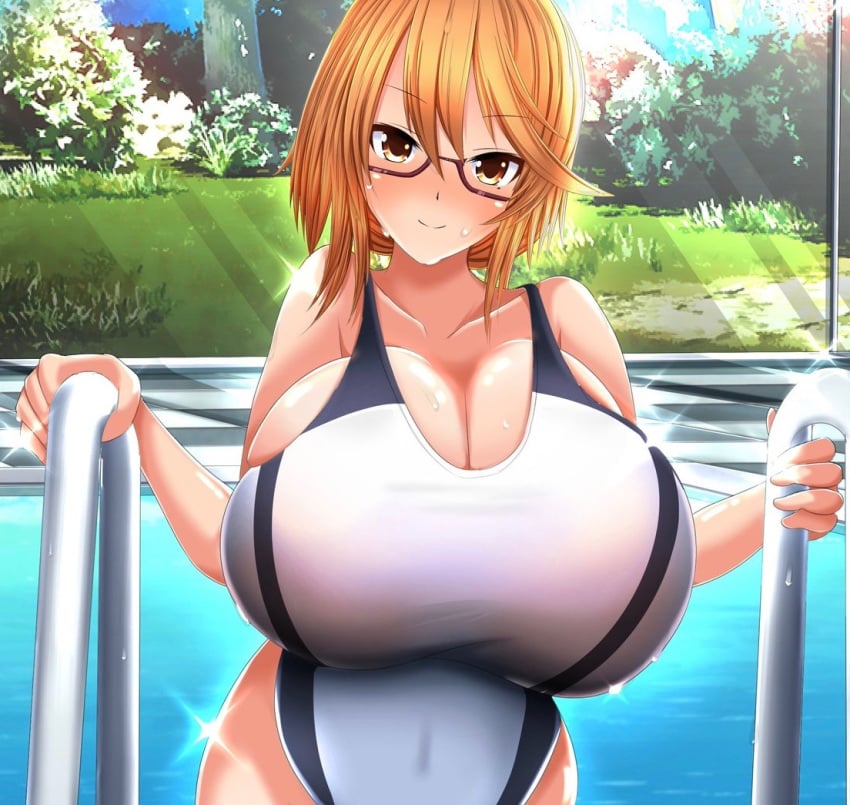 1girls 2020 big_breasts blush breasts bursting_breasts cleavage eyebrows_visible_through_hair female female_only getting_out_of_pool gigantic_breasts glasses hair_between_eyes highres huge_breasts indoors large_breasts looking_at_viewer mameneko matching_hair/eyes minami_rina one-piece_swimsuit orange_eyes orange_hair original pool pool_ladder semi-rimless_glasses short_hair sideboob smile solo swimming_pool swimsuit thighs water wet