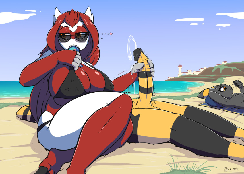 ... anthro beach big_breasts big_penis bikini bodily_fluids breasts casual_sex clothing cum cum_on_hand eeveelution female genital_fluids genitals group handjob heart hi_res humanoid_genitalia humanoid_penis latias legendary_pokémon lewdtias male nintendo penile penis pokemon pokemon_(species) public quin-nsfw seaside sex straight swimwear umbreon video_games