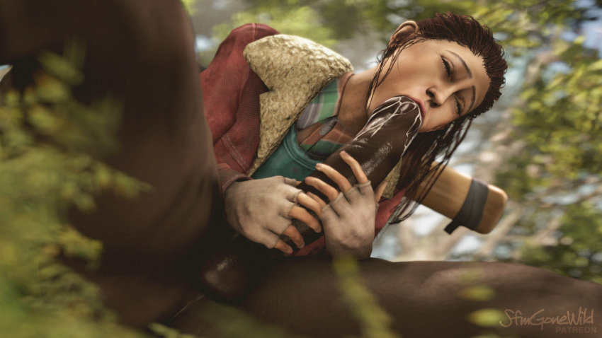 1boy 1boy1girl 1girls 3d alternate_costume bat big_penis blowjob blue_eyes bottomless brown_hair closed_eyes cum cum_in_mouth dark-skinned_male dbd dead_by_daylight female fingerless_gloves hand_on_penis interracial nancy_wheeler netflix on_ground oral_sex outdoors outside partial_male partially_clothed penis_in_mouth ponytail sfmgonewild straight stranger_things