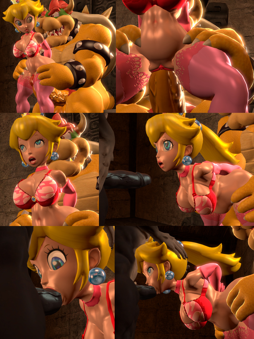 1girls 2boys 3d 3d_(artwork) blonde_hair blue_eyes bowser choker comic crown earrings female femsub lingerie male maledom mario_(series) nintendo oral penis pink_lingerie ponytail princess_peach rape source_filmmaker supersaiyan24 vaginal_penetration