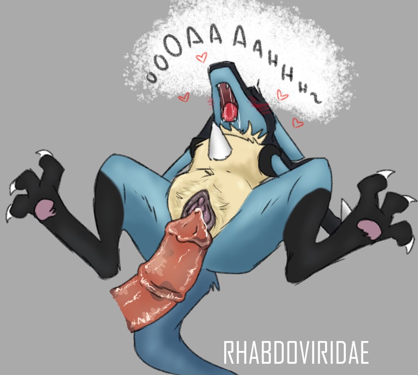 animal_genitalia animal_pussy anthro blue_body claws conditional_dnp disembodied_penis duo fangs female genitals heart hi_res lucario male mammal nintendo open_mouth penis pokemon pokemon_(species) pussy straight video_games wolftacos