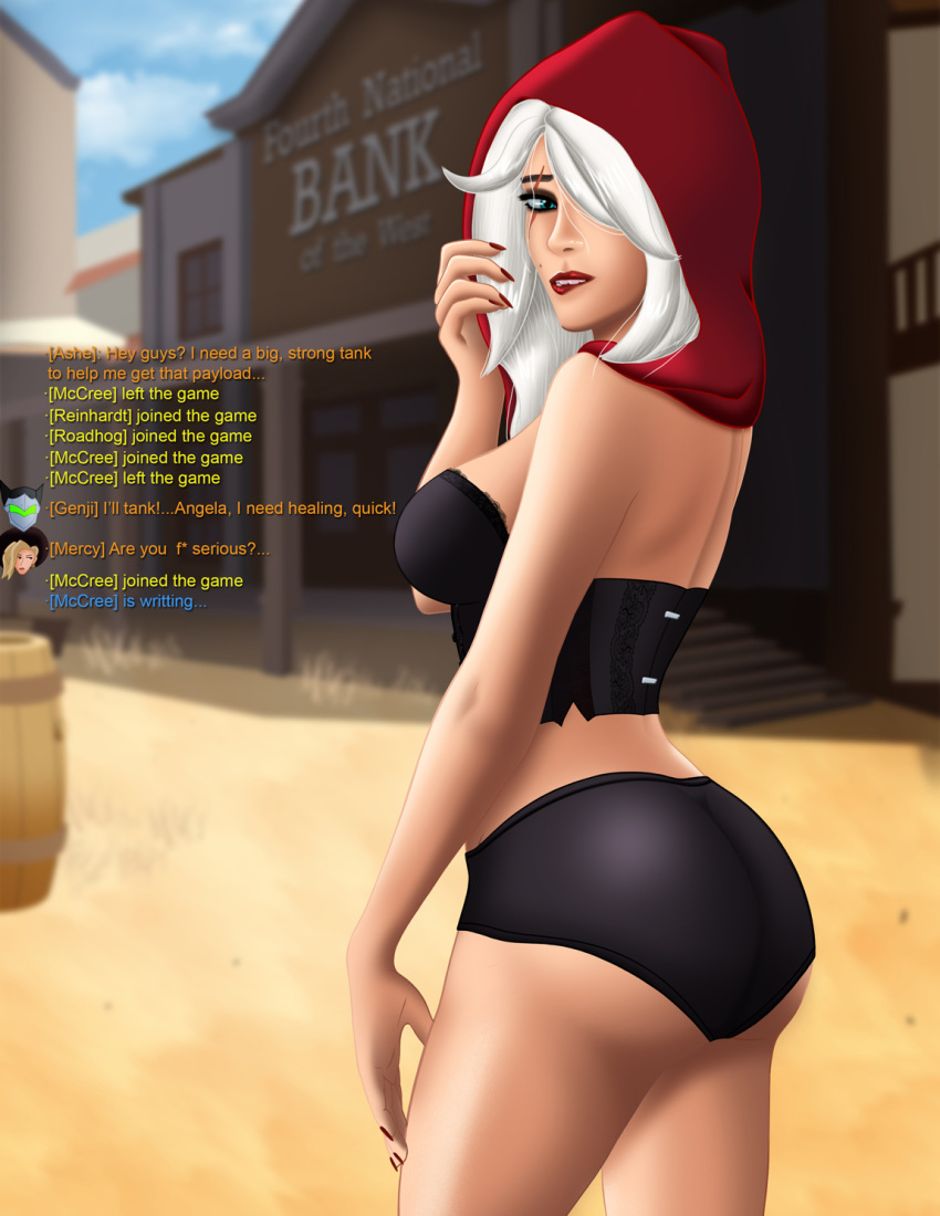 2d ardham ashe_(overwatch) big_ass big_breasts blizzard_entertainment female genji large_ass large_breasts lipbite lipstick little_red_ashe mercy overwatch skin white_hair