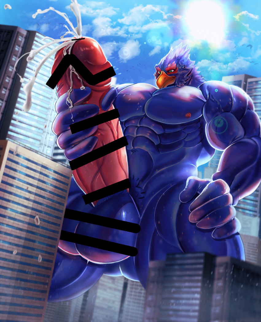 absurd_res avian balls big_balls big_penis bird bodily_fluids censored city cum erection falco_lombardi furry genital_fluids genitals hi_res macro male male_focus male_only muscular muscular_male nintendo penis solo solo_male star_fox video_games yukihoshiak