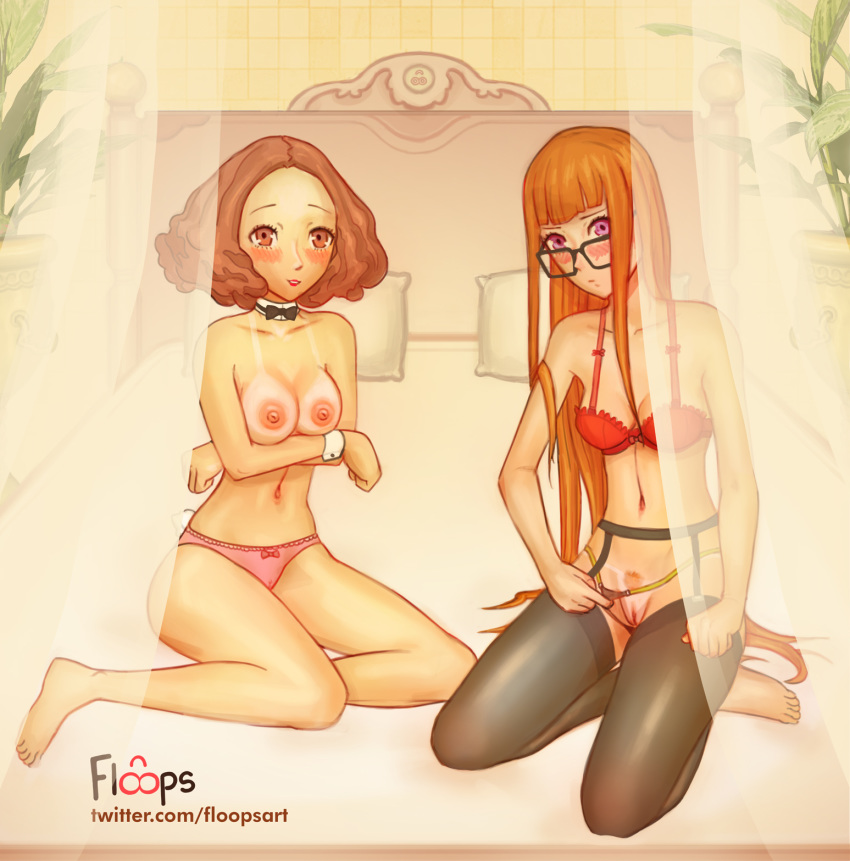 2girls blush breasts female_only floops_(artist) garter_belt haru_okumura lingerie multiple_girls no_bra panties persona persona_5 pubic_hair pussy sakura_futaba tanline