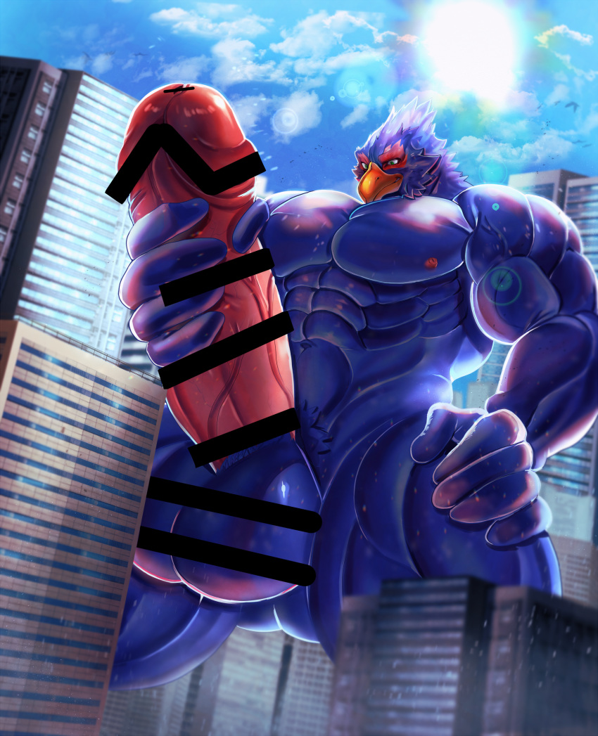 absurd_res anthro avian balls big_balls big_penis bird censored city erection falco_lombardi genitals hi_res macro male male_only muscular muscular_male nintendo penis solo star_fox video_games yukihoshiak