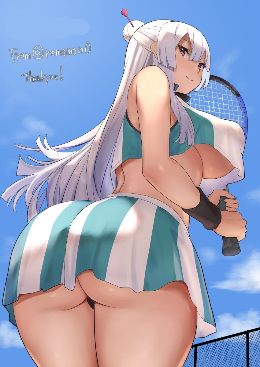 1girls ass azur_lane black_panties breasts bremerton_(azur_lane)_(cosplay) bremerton_(scorching-hot_training)_(azur_lane) cosplay female female_only fringe frolaytia_capistrano heavy_object huge_ass huge_breasts light-skinned_female light_skin looking_back loose_clothes no_bra outside pink_eyes pink_hair purple_eyes remomon silver_hair skirt smile solo tennis twintails underboob