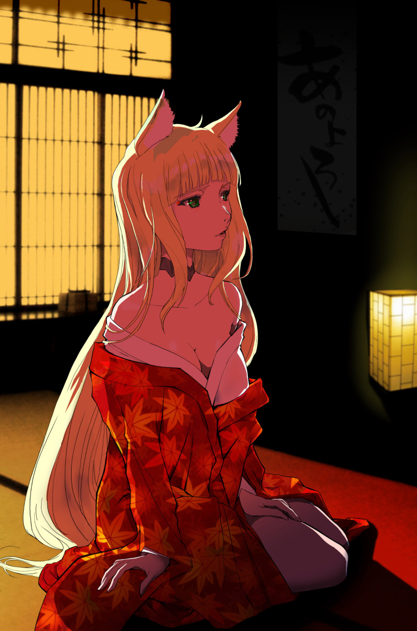 1girls animal_ears artist_request bare_shoulders blonde_hair breasts cleavage dungeon_ni_deai_wo_motomeru_no_wa_machigatteiru_darou_ka female female_only green_eyes haruhime japanese_clothes long_hair open_clothes open_mouth presenting sanjouno_haruhime sitting solo tagme tail