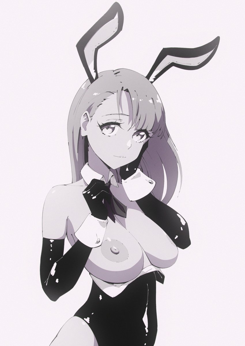 1girls areolae big_breasts breasts breasts_out bunny_ears bunny_girl bunnysuit female female_only flou looking_at_viewer monochrome nipples original playboy_bunny solo