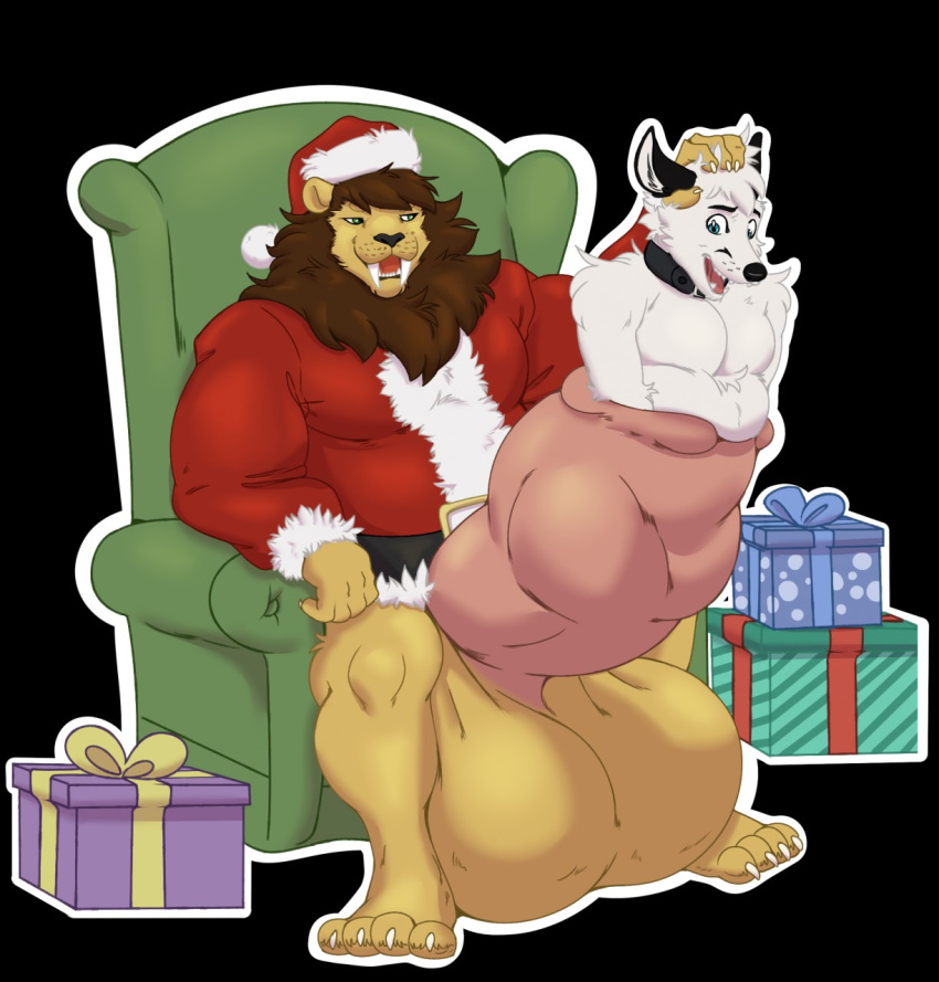 anthro balls big_balls big_penis bottomless canid canine christmas clothed clothing cock_vore costume duo felid genitals hat headgear headwear hi_res holidays huge_balls huge_cock hyper hyper_balls hyper_genitalia hyper_penis incertusfatum lion male male/male male_only mammal pantherine penile penis santa_costume santa_hat vore