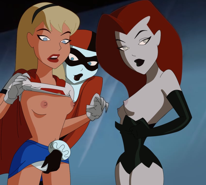 3girls accurate_art_style batman:_the_animated_series batman_(series) blonde_hair blue_skirt breasts clothing dc_comics dcau edit female female_only hand_on_pussy harley_quinn harley_quinn_(classic) kara_danvers kara_zor-el miniskirt multiple_girls nipples nobodyman9000 pencil_skirt poison_ivy poison_ivy_(dcau) red_hair screenshot screenshot_edit skirt skirt_lift supergirl superman:_the_animated_series superman_(series) the_new_batman_adventures undressing white_shirt yuri