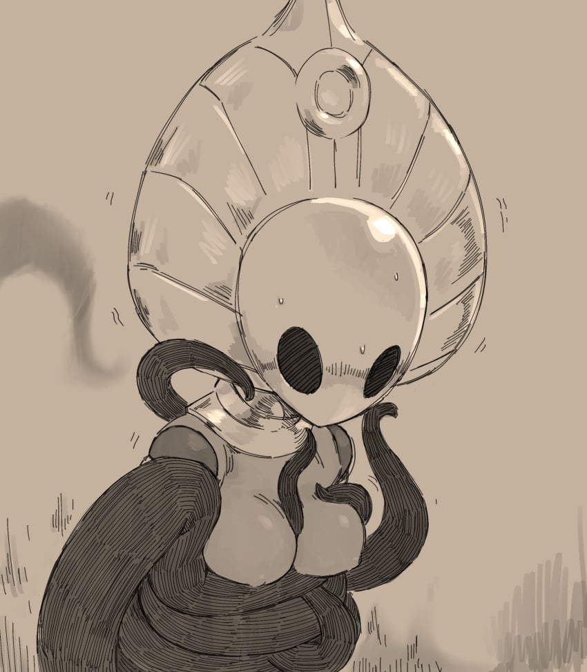 2020 absurd_res anthro arthropod bound breasts digital_media_(artwork) female godseeker grey_background hi_res hollow_knight insects monochrome napalm_express nipples non-mammal_breasts shade_lord simple_background solo team_cherry tentacle video_games