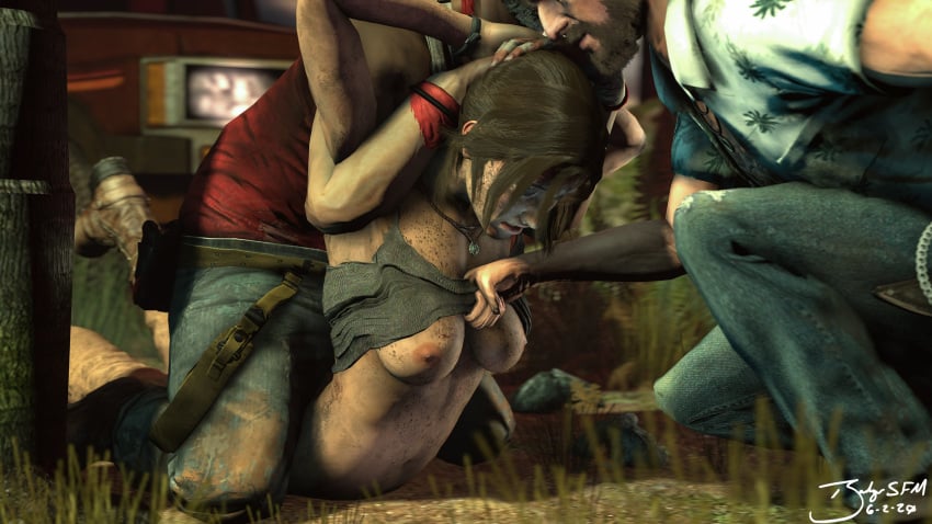 1girls 2boys 3d badgersfm breasts breasts_out breasts_out_of_clothes brown_hair buck_hughes car far_cry far_cry_3 full_nelson grass jeans lara_croft lara_croft_(survivor) necklace nipples rolled_up_shirt submission tomb_raider tomb_raider_(survivor) vaas_montenegro