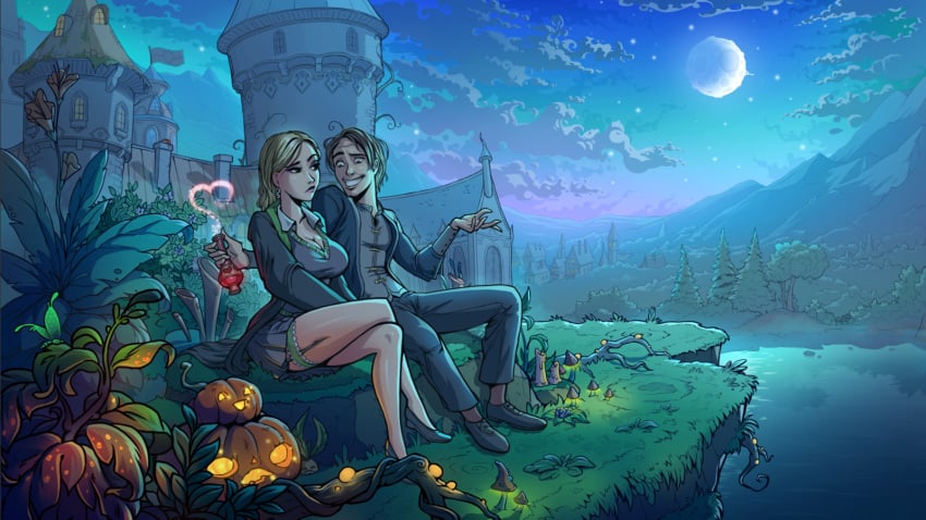 1boy 1girls 2d background blonde_hair brown_hair castle cleavage clothed clothed_female clothed_male clothing crossed_legs daphne_greengrass detailed_background drink female footwear full_moon fully_clothed garter hair halloween happy harry_potter heart hogwarts hogwarts_school_uniform hogwarts_student holding_drink holding_object holding_potion imminent_rape innocent_witches jack-o'-lantern jack_o'_lantern lake light-skinned_female light-skinned_male light_skin love_potion magic_user magic_wand male marcus_redblack mind_control moon nervous night on_ground outdoors outside parted_lips potion pumpkin raised_eyebrows sad_crab scerg school school_uniform schoolgirl schoolgirl_uniform shoes siserg sitting slytherin smile smirk snake_earrings student suspicious teeth wand water witch wizard