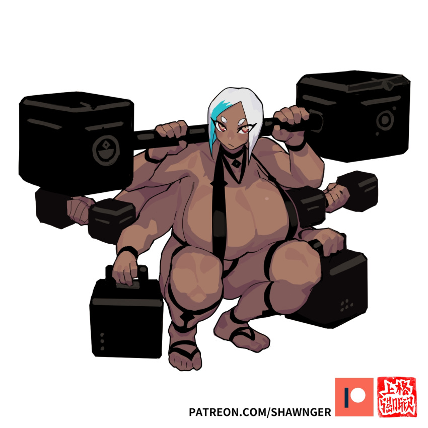 6_arms dark-skinned_female dark_skin dice_clan huge_breasts muscular muscular_female patreon_logo red_eyes revealing_clothes shawnger two_tone_hair unusual_pupils watermark weightlifting weights white_hair