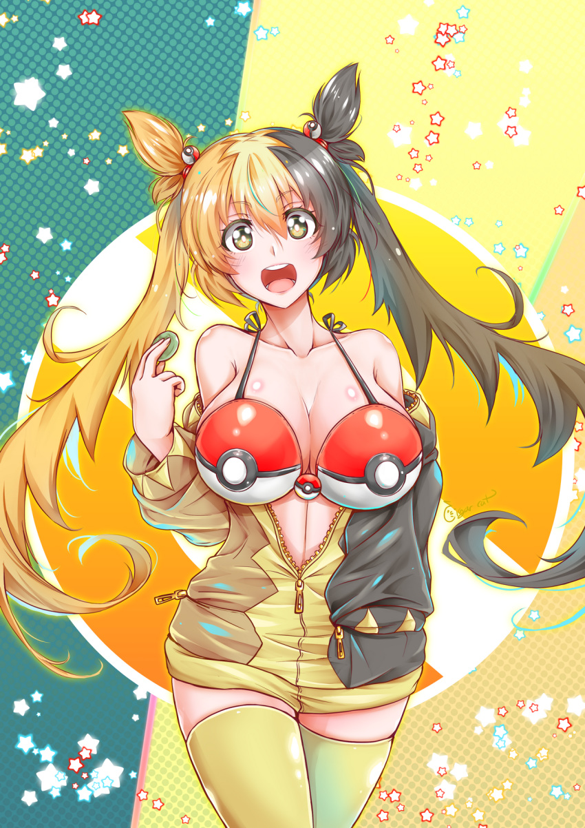 1girls 2019 :d bare_shoulders black_hair blonde_hair blush bra breasts brown_hair cigar_cat cleavage clothing cute eyebrows_visible_through_hair female female_only gijinka green_eyes hair_between_eyes hair_bobbles hair_ornament highres holding humanized humanized_pokemon jacket large_breasts long_sleeves looking_at_viewer moemon morpeko multicolored_hair nintendo open_clothes open_jacket open_mouth personification pokémon_(species) poke_ball pokemon pokemon_ss smile solo standing star teeth thick_thighs thighhighs thighs three-tone_hair tied_hair tongue twintails yellow_legwear zettai_ryouiki zipper