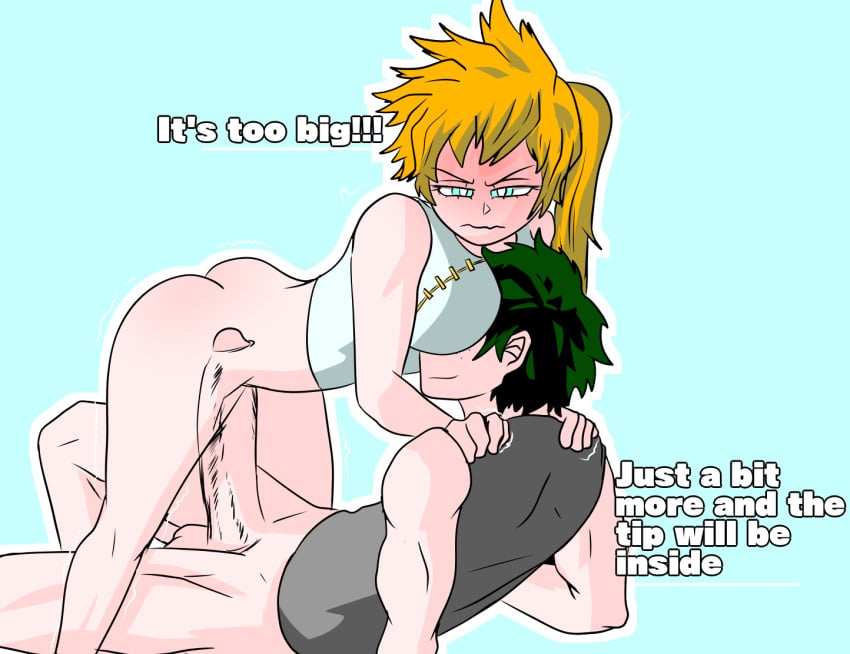 1boy 1girls big_penis blue_eyes blush bottomless cowgirl_position faceless_male female freckles green_hair hands_on_shoulders head_between_breasts huge_cock impossible_fit itsuka_kendou izuku_midoriya kendou_itsuka light-skinned_female light-skinned_male light_skin long_penis male male/female midoriya_izuku muscular muscular_male my_hero_academia orange_hair penis sex side_ponytail testicles text too_big trembling uncensored vaginal_penetration wellllll