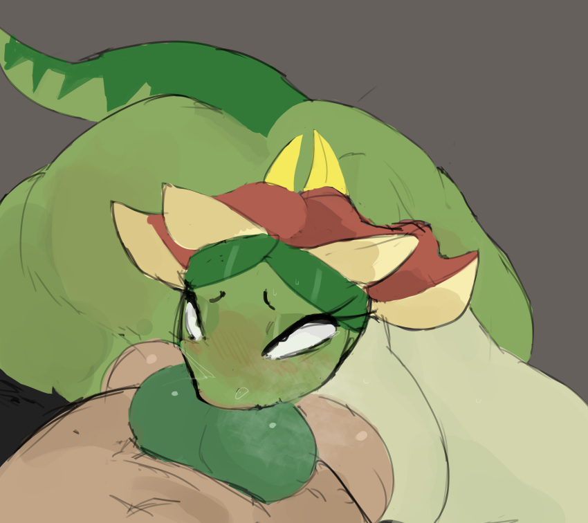 1boy 1girls blush breasts_out commission dick_in_mouth dinossom green_body green_cock open_mouth oral oral_sex palworld qwpeowqpe struggling sweat tagme