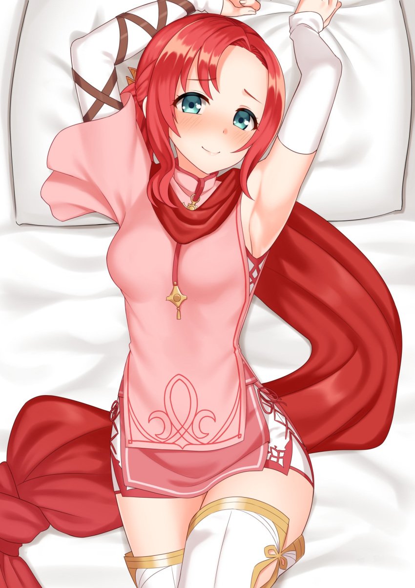 blush clothed fire_emblem fire_emblem:_new_mystery_of_the_emblem fire_emblem:_shadow_dragon kurisu-kun norne_(fire_emblem) on_bed pillow ponytail red_hair scarf smile