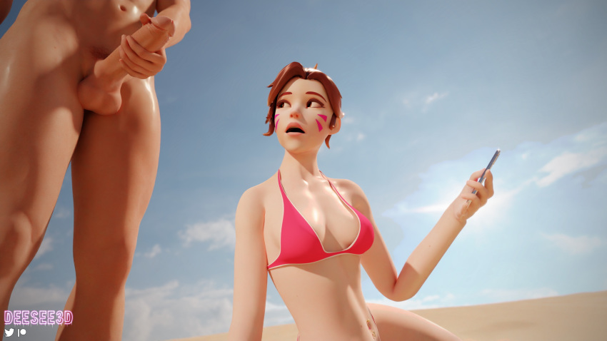 1boy 1boy1girl 1girls 3d asian beach belly_piercing big_penis bikini bikini_bottom bikini_top blender blender_(software) blizzard_entertainment brown_eyes brown_hair d.va deesee3d female huge_cock light-skinned_female light_skin overwatch penis_awe pink_bikini pink_bikini_bottom pink_bikini_top sand short_hair small_breasts smaller_female surprised