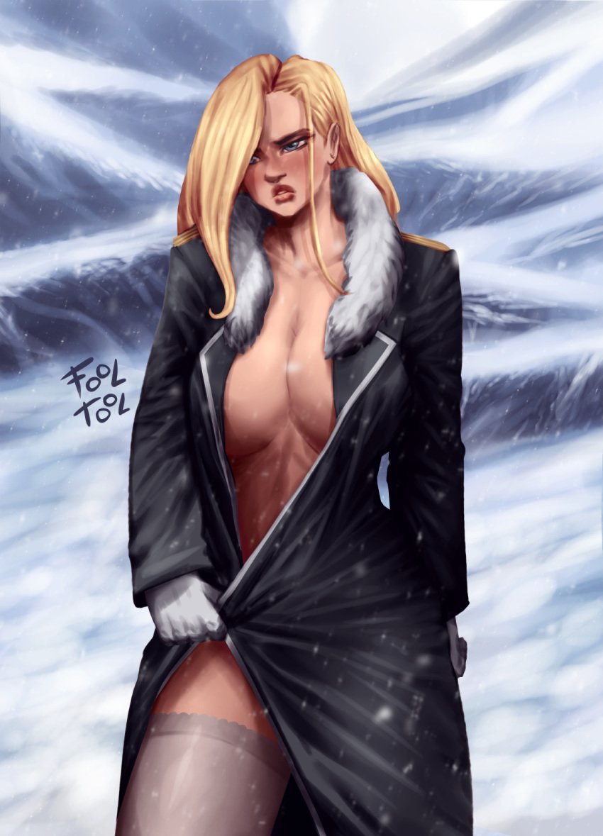 1girls blonde_hair blue_eyes breasts cold female fool_tool fullmetal_alchemist fullmetal_alchemist_brotherhood gloves olivier_mira_armstrong snow solo tight_clothes yellow_hair