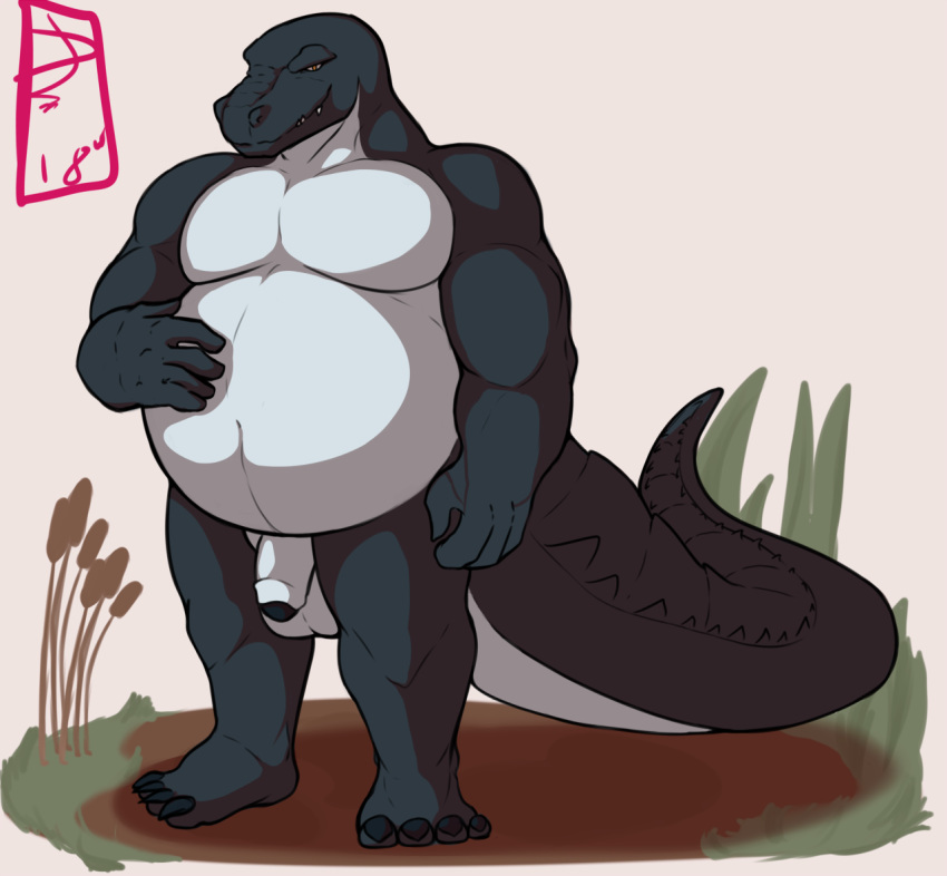 anthro apoetofthefall belly croc crocodile crocodilian crocodylid foreskin male muscular obese overweight overweight_male reptile scalie swamp