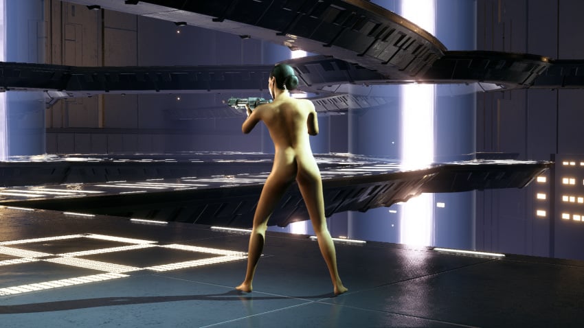 1girls ass black_hair full_body hair_bun hi_res highres iden_versio looking_away nude nude_female posing sdfskelter standing star_wars star_wars:_battlefront_2 tan_skin