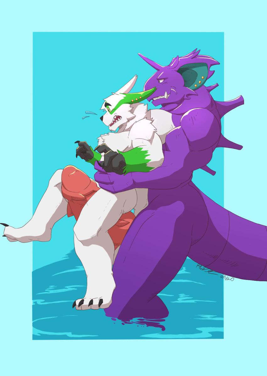 aladar_(character) anthro beach couple_(disambiguation) duo genitals grin hi_res holding_(disambiguation) horn k_hunnicutt knot male male/male muscular nidoking nintendo pecs penile_spines penis piercing pokemon pokemon_(species) seaside sex size_difference smile surprise video_games water zangoose