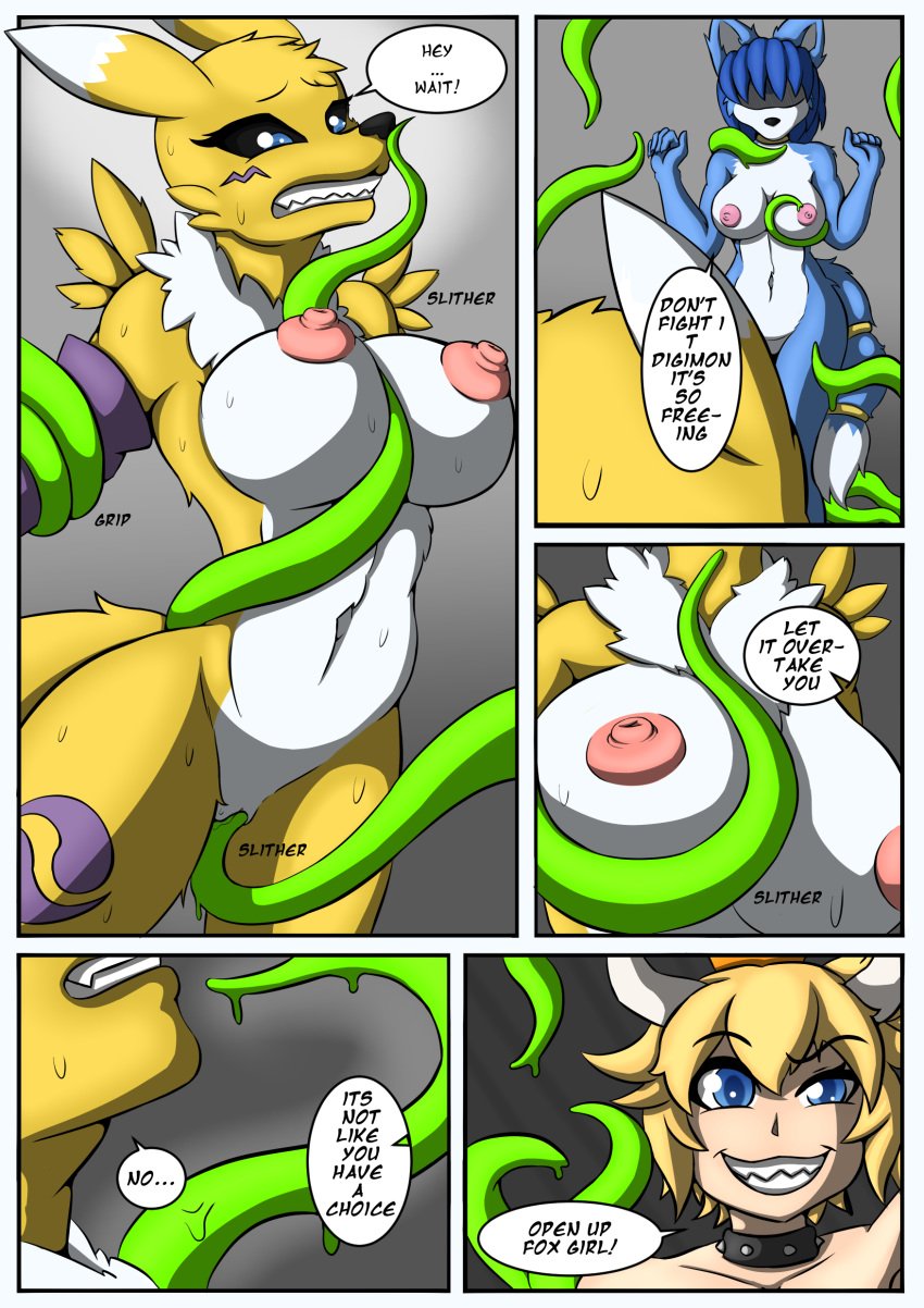 absurd_res anthro blue_eyes bound bowsette breasts canid canine clenched_teeth comic corruption crimellgrim crossover crown digimon digimon_(species) duo female female/female fox genderswap green_tentacles hi_res joykill krystal mammal mario_(series) new_super_mario_bros._u_deluxe nintendo pussy renamon restrained spread_legs star_fox super_crown tentacle tentacle_between_breasts tentacle_paizuri video_games yuri