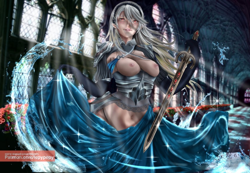 breasts breasts_out cape corrin_(female)_(fire_emblem) corrin_(fire_emblem) fire_emblem fire_emblem_fates lepypepy long_gloves long_hair manakete sword water