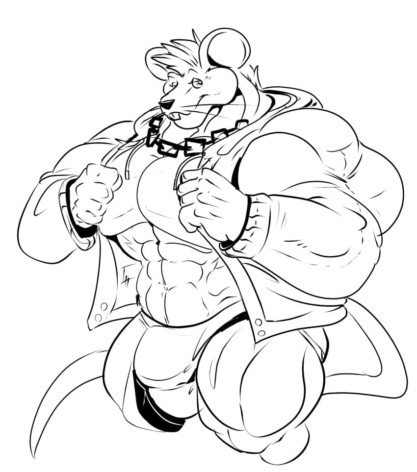 2017 aidan_mouse anthro big_bulge big_muscles bulge clothing fierglief hi_res hoodie huge_bulge huge_muscles hyper hyper_bulge hyper_muscles jewelry line_art looking_at_viewer male male_only mammal monochrome mouse murid murine muscular necklace rodent solo topwear underwear