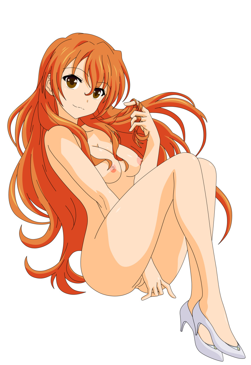 absurdres artist_request bangs breasts brown_eyes brown_hair cleft_of_venus erect_nipples female golden_time highres kaga_kouko large_breasts legs long_hair navel nipples nude nude_filter photoshop pussy shaved_pussy simple_background smile thighs uncensored