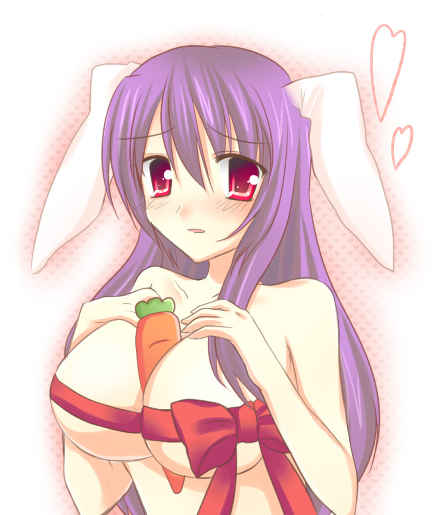 animal_ear between_breasts breasts bunny_ear carrot carrot_paizuri food_between_breasts highres large_breasts mimana purple_hair red_eyes reisen_udongein_inaba ribbon sexually_suggestive touhou