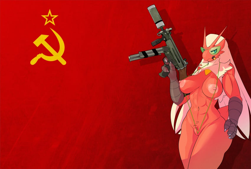 1girls 2016 abs anthro anthrofied areola areolae ass avian beak big_breasts bikini bird blaziken blonde_hair blue_eyes breasts cigar communism erect_nipples eyelashes eyewear female female_only firearm flag glasses gun holding_object holding_weapon looking_at_viewer lysergide mouth_hold nintendo nipple_slip nipples pokemon pokemon_(species) pokemon_rse pokemorph pussy ranged_weapon red_background simple_background sling_bikini smoking solo soviet soviet_flag standing string_bikini submachine_gun suppressor swimsuit tail ump45 weapon wide_hips