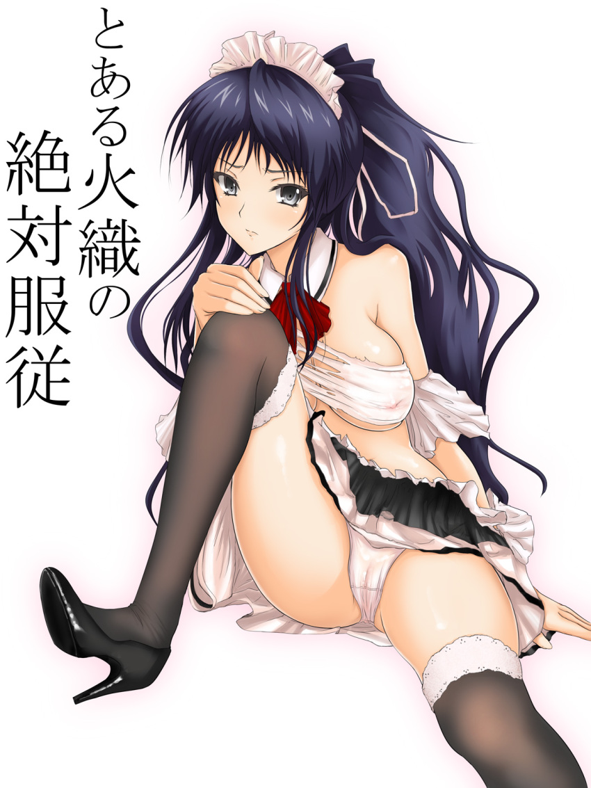 blue_hair blush breasts cameltoe cleavage hair_ribbon hair_ribbons hairband high_heels highres kanzaki_kaori kaori_kanzaki large_breasts long_hair maid nipples panties ponytail presenting ribbon ribbons see-through shoes skirt spread_legs tetora text thighhighs tied_hair to_aru_majutsu_no_index torn_clothes translated underwear