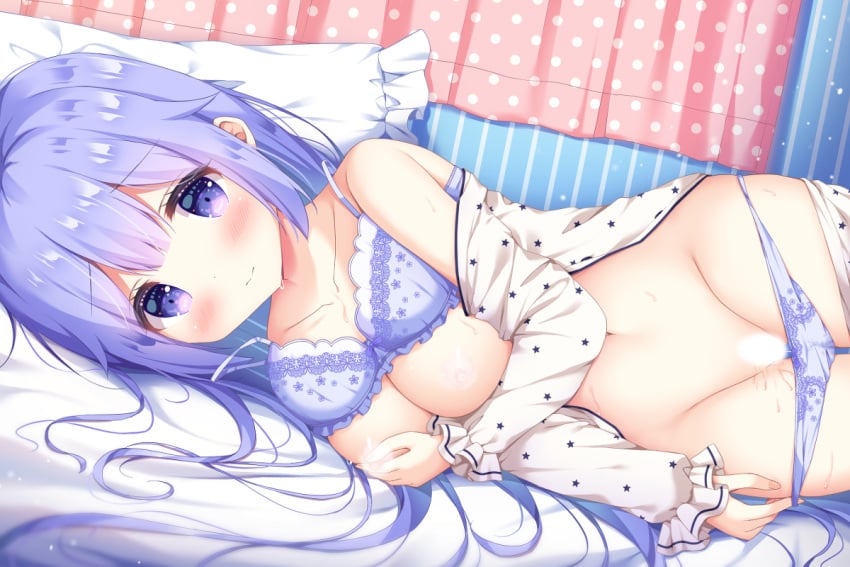 azur_lane breasts female looking_at_viewer masturbation panties pillow purple_eyes purple_hair satsuki_yukimi smile underwear unicorn_(azur_lane)