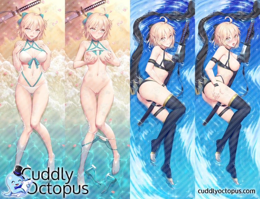 ahoge aqua_bow bangs bare_shoulders bikini bikini_lift black_bikini black_legwear blush bottomless bow breasts closed_mouth dakimakura fate/grand_order fate_(series) female hairbow katana large_breasts looking_at_viewer looking_to_the_side lying multiple_views navel nipples okita_souji_(fate)_(all) okita_souji_(swimsuit_assassin)_(fate) on_back open_mouth petals pussy shadowgrave shore short_hair smile swimsuit sword thighs tongue tongue_out water weapon white_bikini