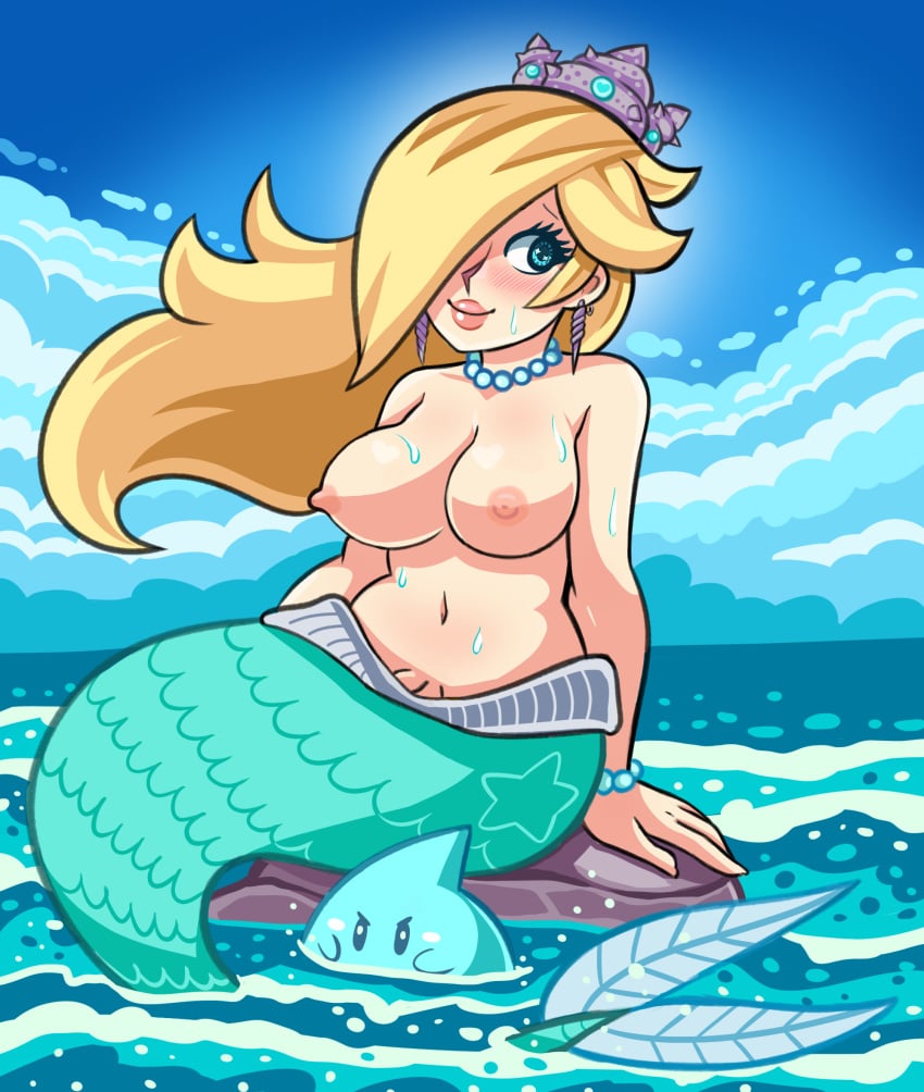 1girls 1other alternate_species alternate_version_at_source ambiguous_gender big_breasts blonde_hair blue_eyes blue_tail blush breasts crown cyan_eyes ear_piercing earrings edit erect_nipples female female_focus hair_over_one_eye large_breasts light-skinned_female light_skin lips lipstick long_hair looking_at_viewer luma mario_(series) mermaid mermaid_tail necklace nintendo nipples ocean outdoors outside pale-skinned_female pale_skin pearl_bracelet pearl_necklace pearls platinum_blonde_hair plump png princess_rosalina pussy sea shell_earrings sitting smile solo_focus thick topless viverne water wet wide_hips wind