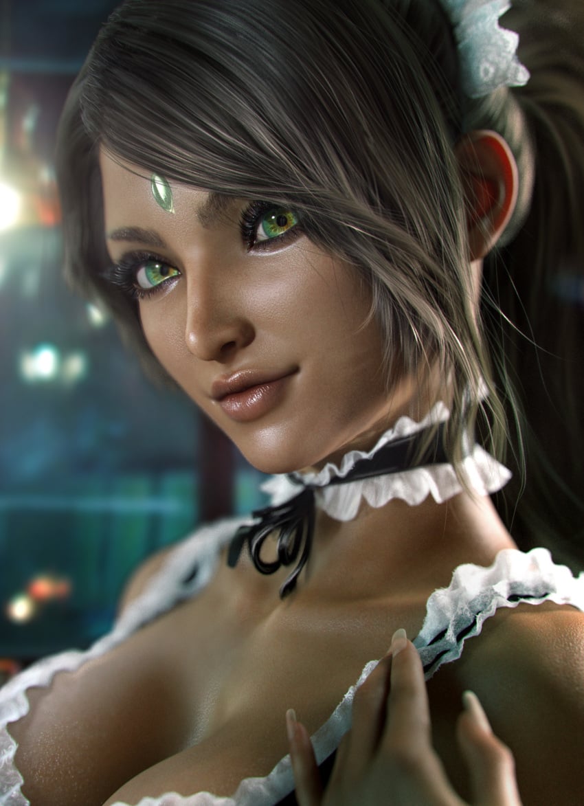 1girl 1girls 3d 3d_(artwork) black_hair black_hair_female boob_window dark-skinned_female dark_skin forehead_jewel french_maid french_maid_nidalee gem_on_forehead green_eyes green_eyes_female hair_tied jewel_on_forehead league_of_legends long_nails nidalee ponytail riot_games sevenbees tagme the_grind_series