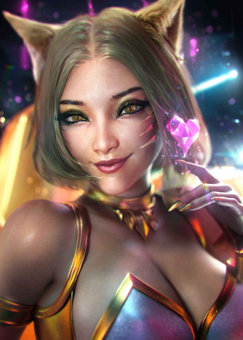 1girls ahri animal_ears blonde_hair breasts cat_eyes choker cleavage close-up clothed crystal_heart eyeshadow female female_only furry_ears k/da_ahri k/da_ahri_prestige_edition k/da_series league_of_legends long_fingernails looking_at_viewer pointy_nails sevenbees tagme whisker_markings yellow_eyes