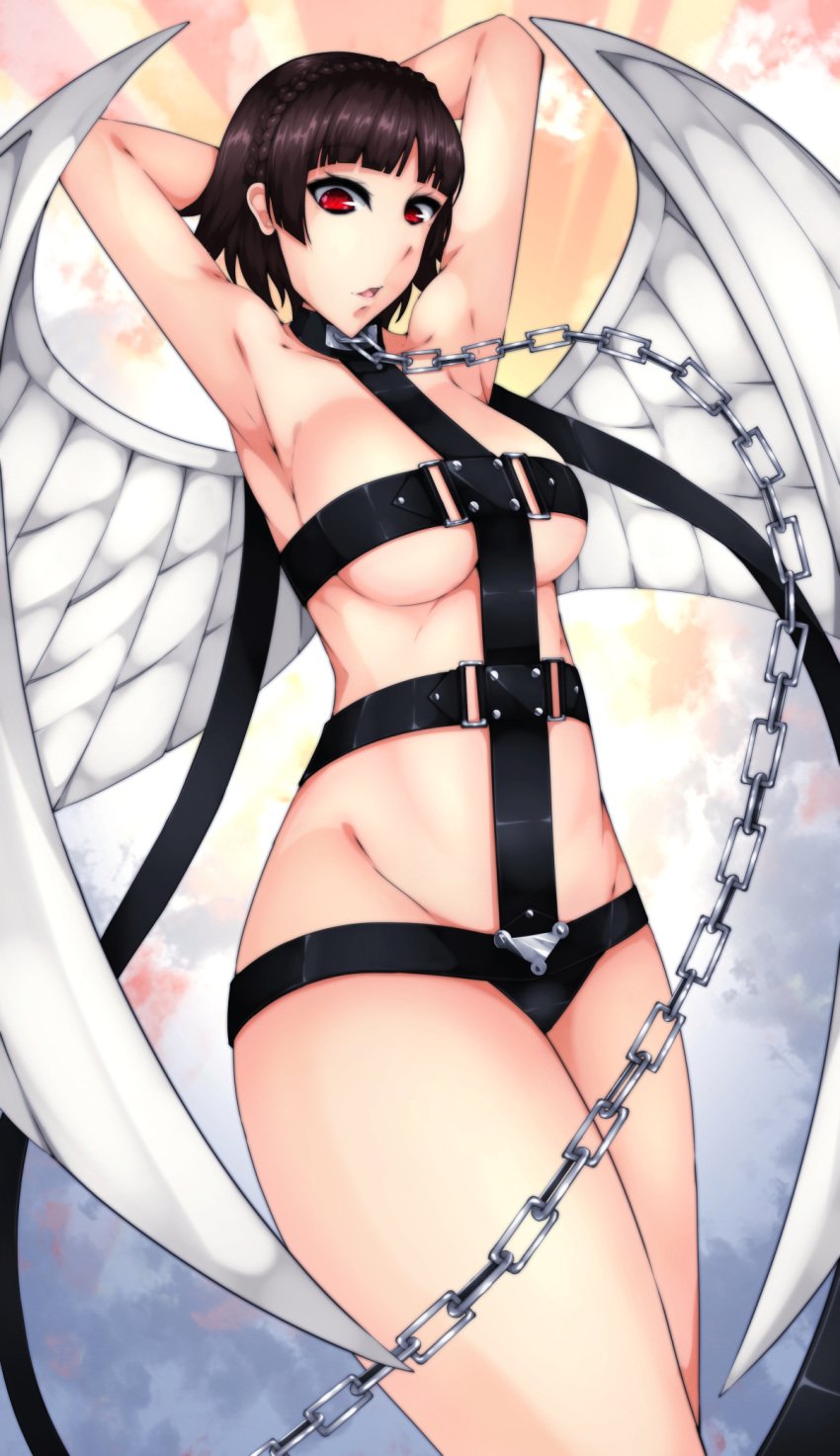 1girls angel_(megami_tensei) angel_(megami_tensei)_(cosplay) angel_wings armpits arms_up atlus bondage_gear brown_hair byakkun collar cosplay large_breasts leash makoto_niijima megami_tensei persona persona_5 red_eyes revealing_clothes short_hair solo standing wings