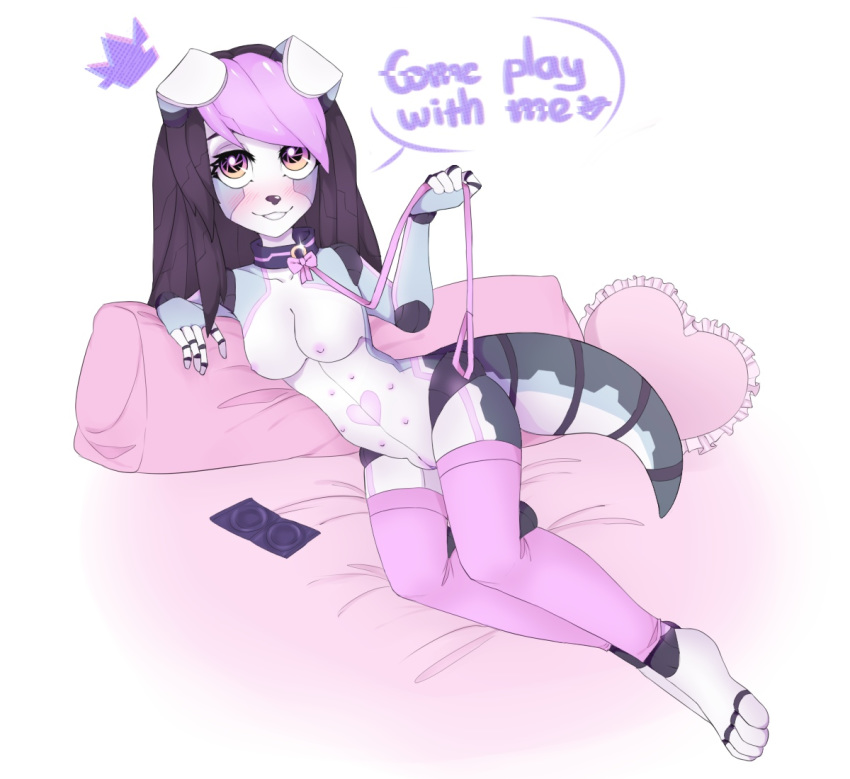 android annie_love anthro blush breasts canid canine canis clothing collar condom_wrapper cybernetics cyborg domestic_dog female furry genitals hair legwear machine mammal multi_nipple nipples peachick pillow pussy robot solo stockings text