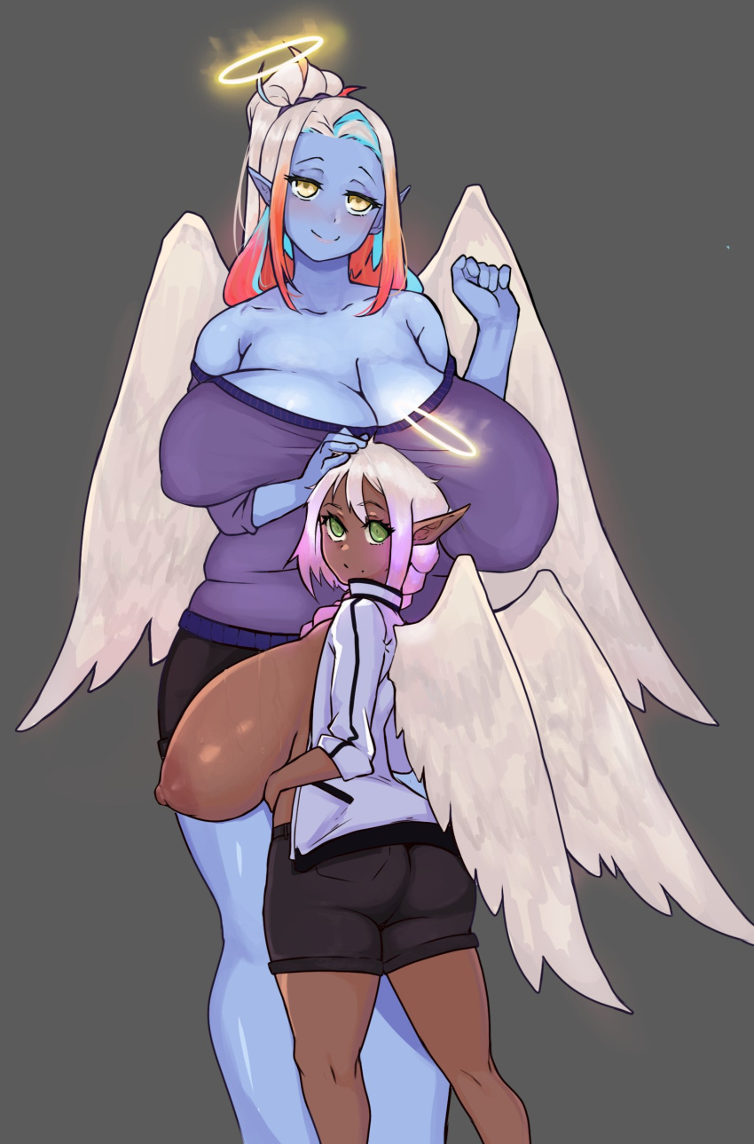 2girls angel angel_wings areolae breasts cleavage dark-skinned_female dark_skin eonbound female female_only gilf huge_breasts looking_at_viewer married_couple milf nipples phessian sagging_breasts size_difference todding yuri