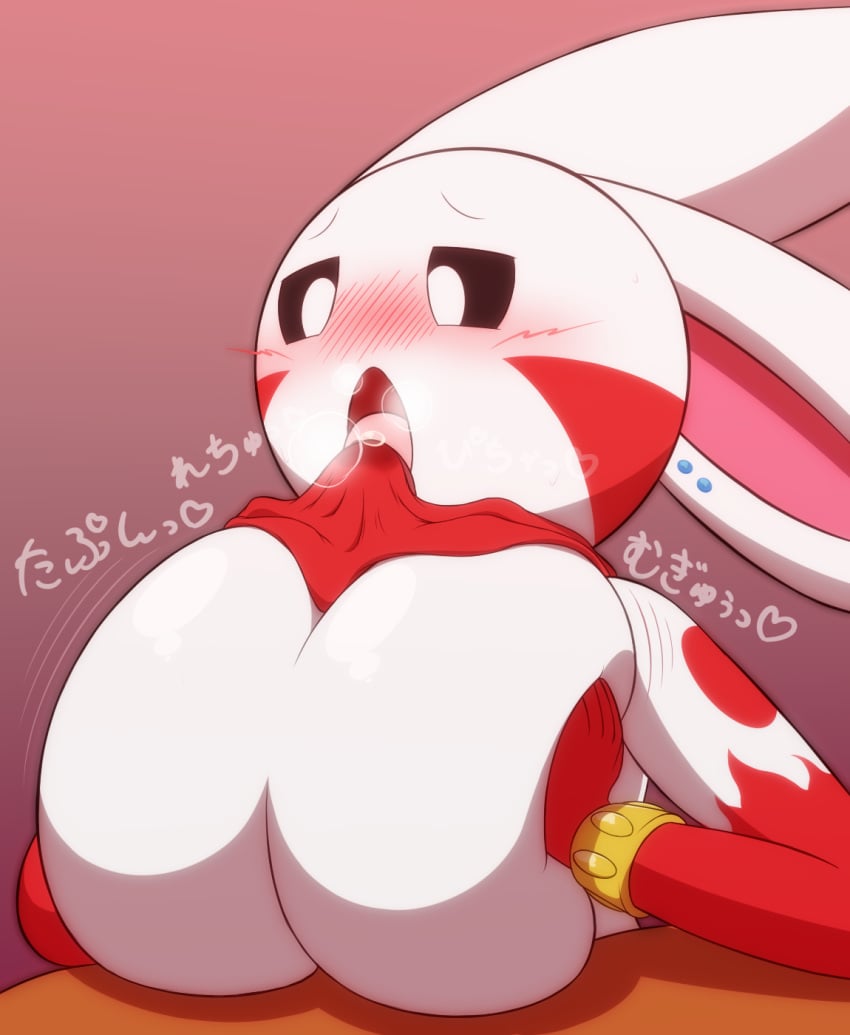 anthro big_breasts blush bodily_fluids breasts bulge clothing duo female genital_fluids hi_res huge_breasts k--10 lagomorph leporid male mammal paizuri precum precum_through_clothing rabbit sex straight text titjob tongue wet wet_clothing