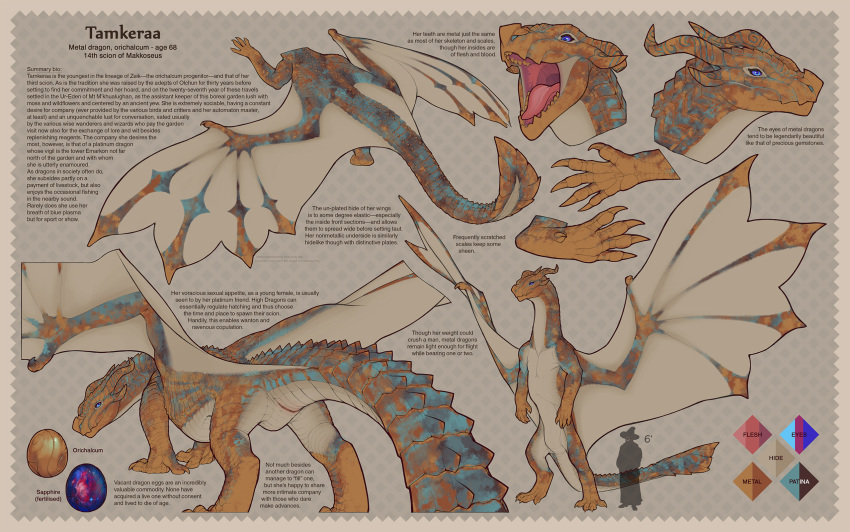 animal_genitalia big_tail blue_eyes claws cloaca dragon dragon_eggs egg english_text engraved_horns female feral genitals hi_res horizontal_cloaca metal_dragon model_sheet open_mouth patina presenting scalie snowskau solo tamkeraa text tongue wings