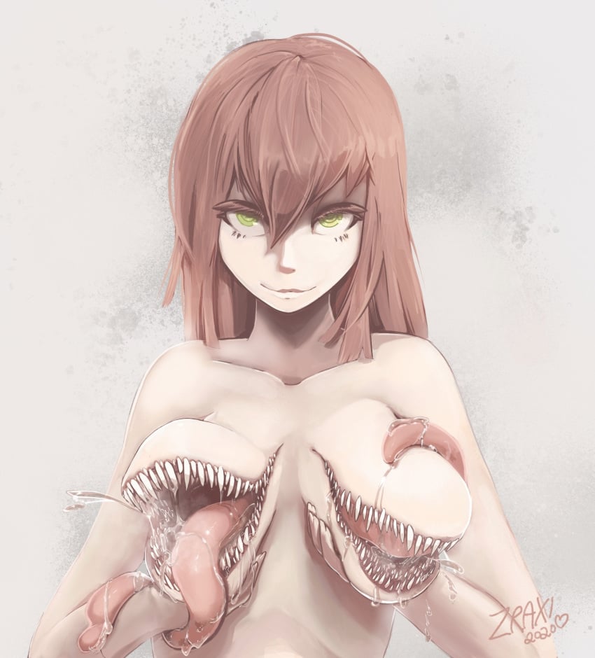 body_horror breast_mouth breasts claws creepy gaping_mouth holding_breasts horror large_breasts long_hair long_tongue mouth_open multi_mouth multi_tongue no_nipples red_hair saliva smile tagme teeth tongue wide_mouth yellow_eyes zraxi