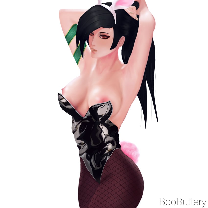 akali armpits arms_up big_breasts boobuttery breasts bunny bunny_costume bunny_ears bunny_girl bunny_suit bunnygirl bunnysuit female fishnets latex league_of_legends