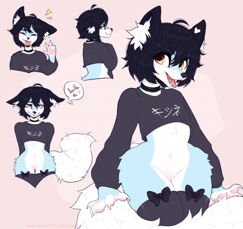 <3_marking 2019 5_fingers anthro belly biped black_bow black_choker black_clothing black_ears black_hair black_legwear black_nose black_stockings black_topwear blue_body blue_fur bob_hair bottomless bow canid canine canis chest_tuft choker claws closed_eyes clothed clothing collar cute_fangs digital_media_(artwork) ear_markings ear_tuft facial_markings featureless_crotch female fingers fluffy fluffy_tail fox from_behind_position front_view fur furry furry_only genitals girly hair half-length_portrait hands_behind_back head_markings heart hi_res ichiigoneko inner_ear_fluff japanese_text jewelry legwear lying mammal markings multicolored_body multicolored_fur necklace on_front open_mouth pawpads paws pink_background pink_pawpads pink_paws pink_tongue portrait pussy sex short_hair simple_background smile solo speech_bubble stockings taeonyx tail tail_tuft teeth text text_on_clothing text_on_shirt thigh_tuft tongue topwear tuft white_belly white_body white_claws white_fur white_inner_ear white_markings white_tail wide_hips yellow_eyes