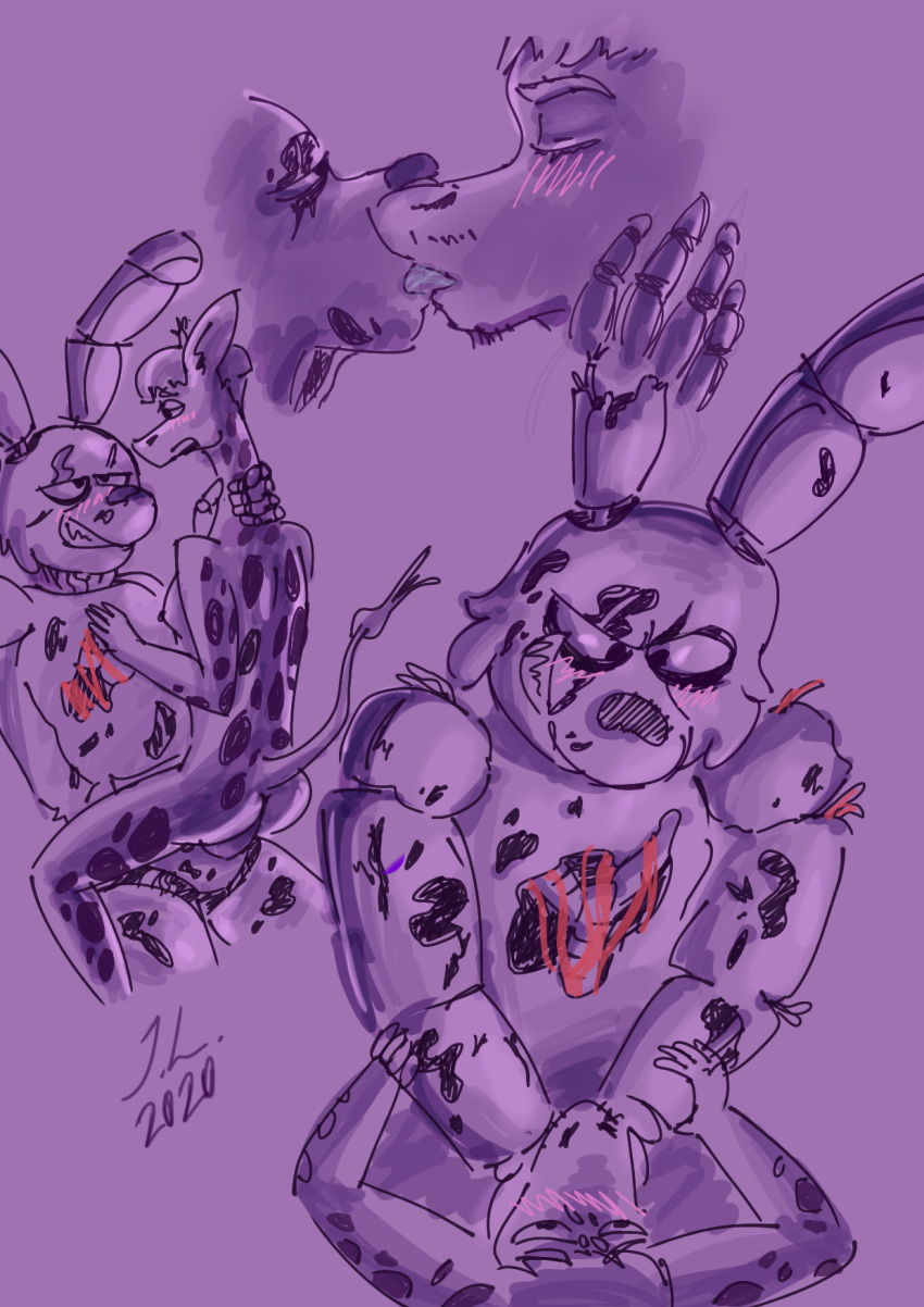 anal animatronic asphyxiation death five_nights_at_freddy's hi_res humanoid jameslewis kissing machine male male/male necrophilia original_character purple_background robot rough_sketch simple_background sketch springtrap springtrap_(fnaf) strangling video_games